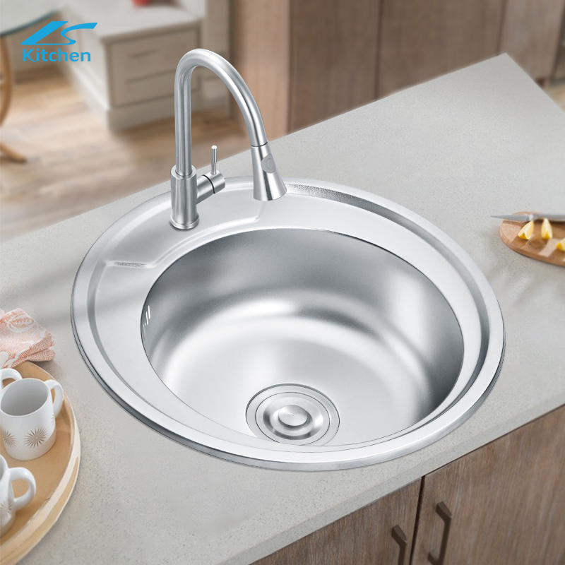 គុណភាពខ្ពស់ 304/201 Stainless Steel Round Kitchen Sink Round Press Caravan Kitchen Sink